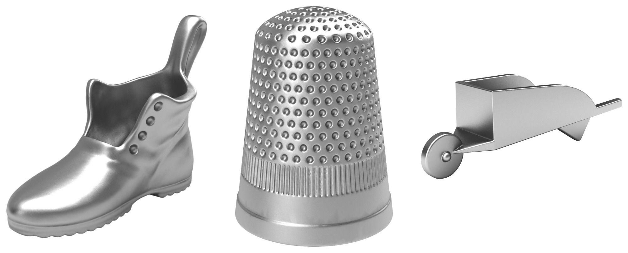 Boot, thimble, wheelbarrow